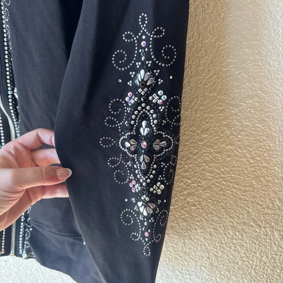 Christine Alexander Black Zip Jacket with Silver Rhinestone Swirls Small - Picture 2 of 7